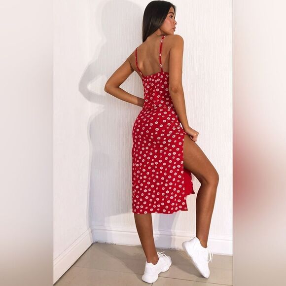 PrettyLittleThing Women's Size 0 Red Floral‎ Jersey Split Cami Midi Dress - Picture 4 of 14